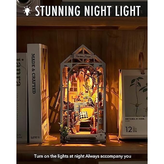 BOOK NOOK KIT BOOKENDS DIY MINIATURE HOUSE 3D PUZZLES WOODEN BOOK NOOK DIORAMA MODEL MAKING FOR ADULTS MODEL KIT CHRISTMAS BIRTHDAY GIFTS (GARDEN SHED) - Image 4